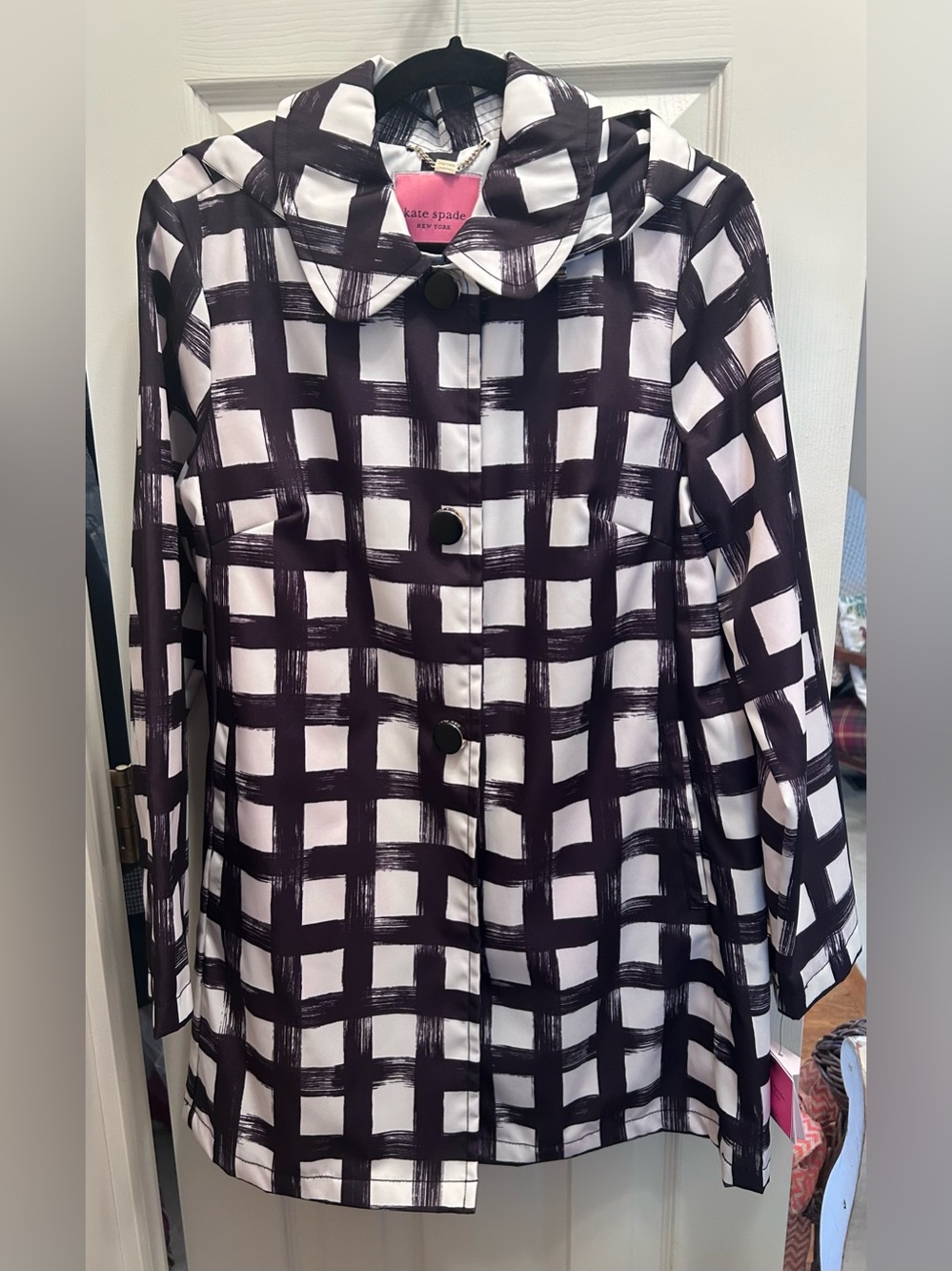NWT Kate Spade NY Raincoat w/Bold Black/White Windowpane Pattern&Snap Buttons. M